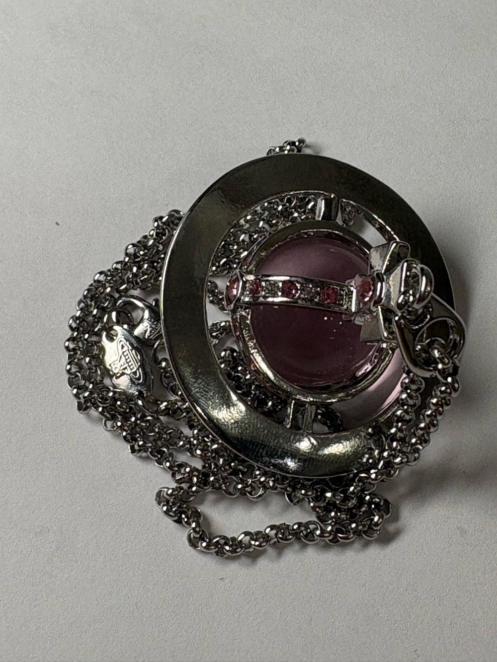 Silver-Tone Necklace Pendant with Purple Cabochon and Crystals